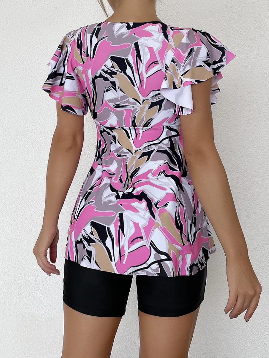 Two Piece Swimsuit Women Printed Tankini Set Tie Front Drawstring Swimwear Female Bathing Swimming Suit Beachwear Summer 250108