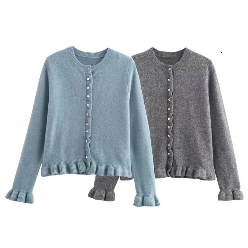 Woman Ruffled Crop Cardigan Autumn Blue Grey Knitwear Womens Sweater Ruched Long Sleeve Outwear Korean Style Cardigan 250106