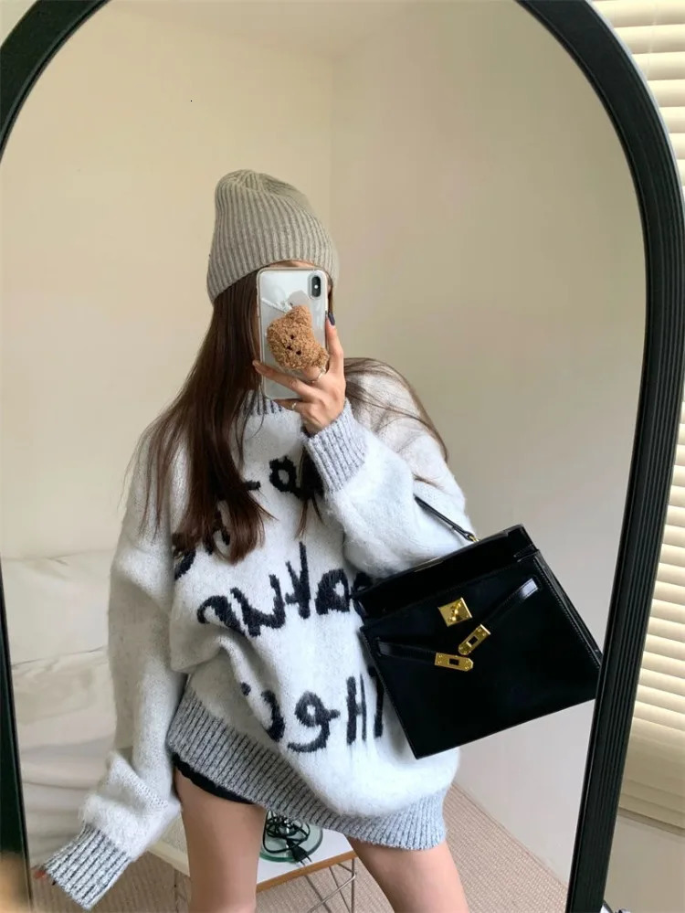 Ezgaga Knitted Sweater Women Vintage Autumn Winter Fashion Letter Printed O Neck Loose Stretch Pullover Ladies Jumper 250108
