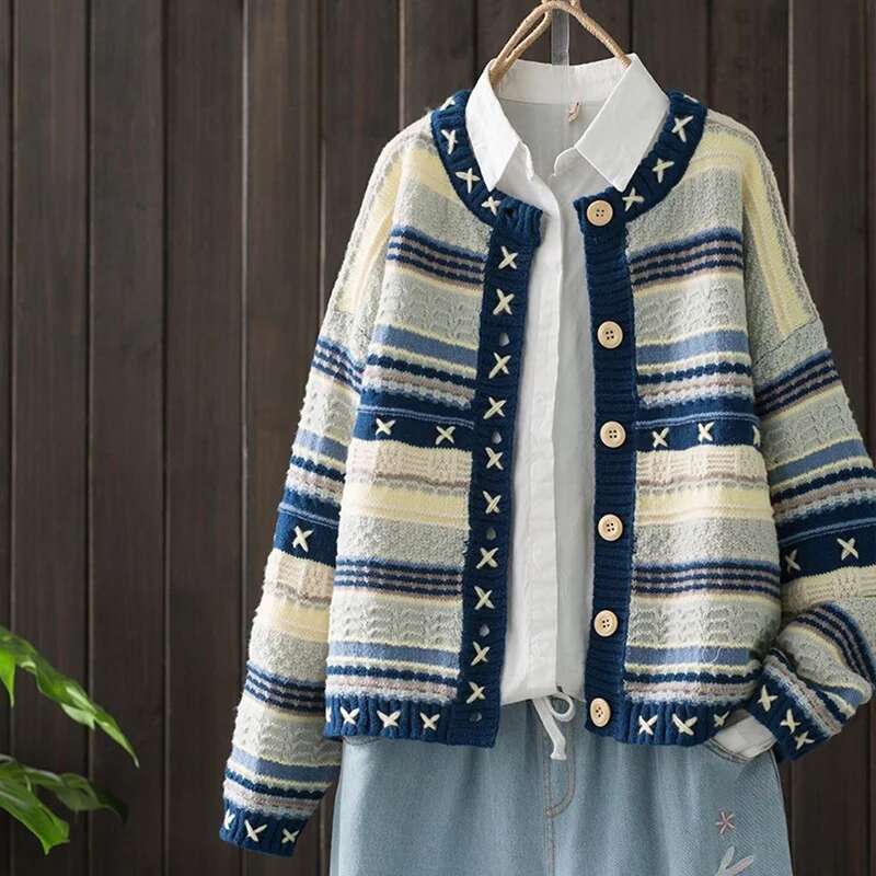 Women Prairie Chic Loose O-Neck Striped Patchwork Oversized Sweater Female Knitting Cardigan All-Match Buttons Preppy Style Tops