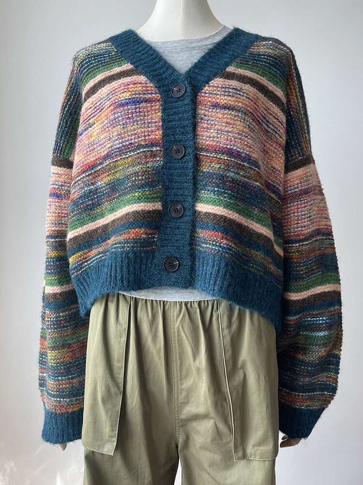 Multicolor Striped Cardigan 2024 Colorful Sweater Winter Fall Y2k Jumper Women Clothes