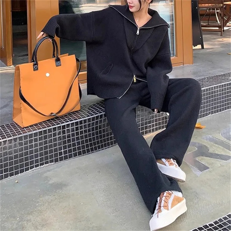 Autumn Winter Fashion Casual Loose Women Two Piece Set Knitted Zipper Long Sleeve Warm Cardigan CoatWide Leg Pants Suit 250106