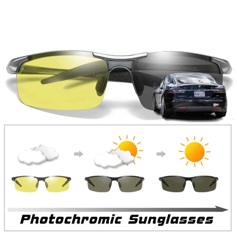 CLLOIO Rimless Aluminium Pochromic Day Night Vision Anti Glasses Men Polarized Sunglasses Driving Travel Fishing Goggle 241228