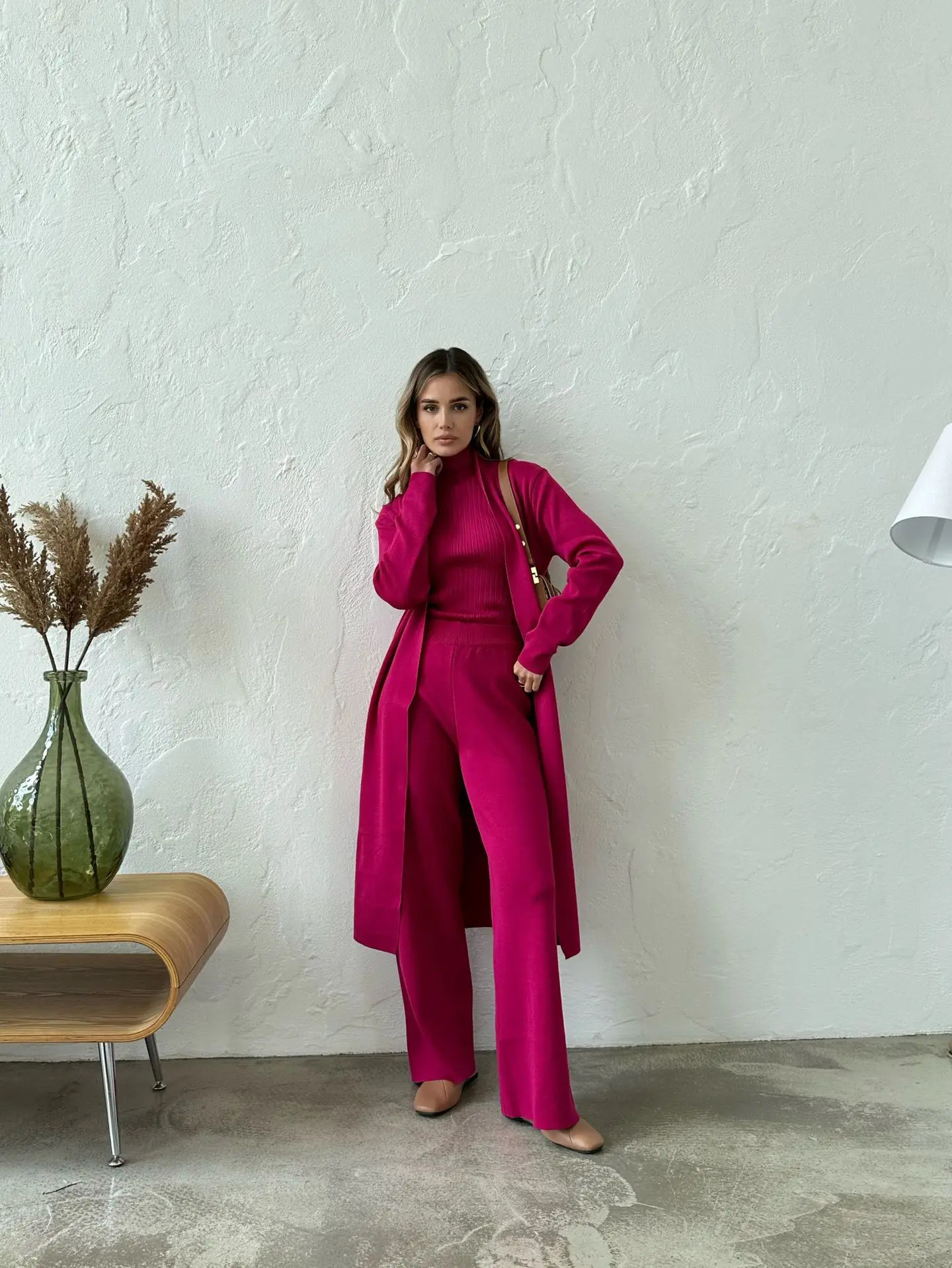 Autumn Winter Women Cardigan Tracksuits Suit Long Sleeve Pullover Knit Wide Leg Pant Set Female Sweater 3 piece Outfits 250106