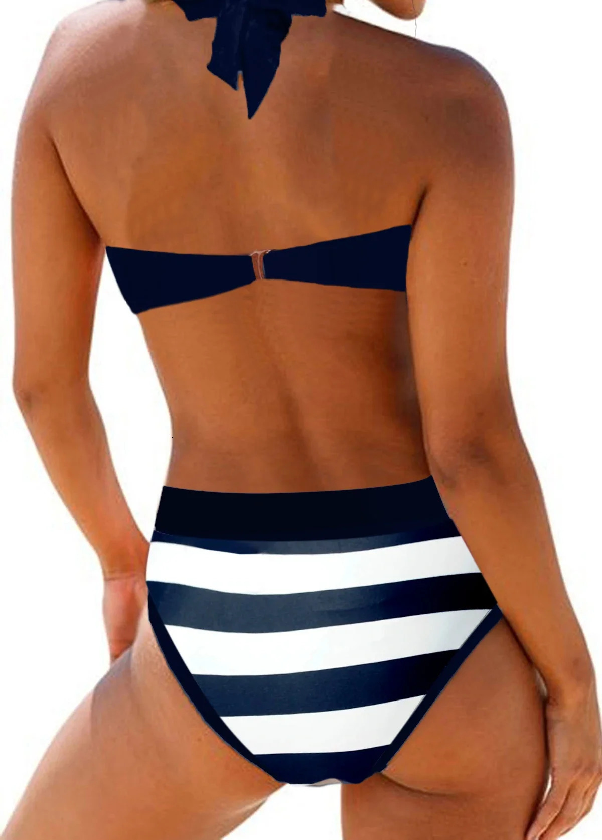 Womens Fashion Beachwear Navy Blue Striped Tankini Swimsuit Two Piece Bikini Suit Beach Swimwear S6XL 250108