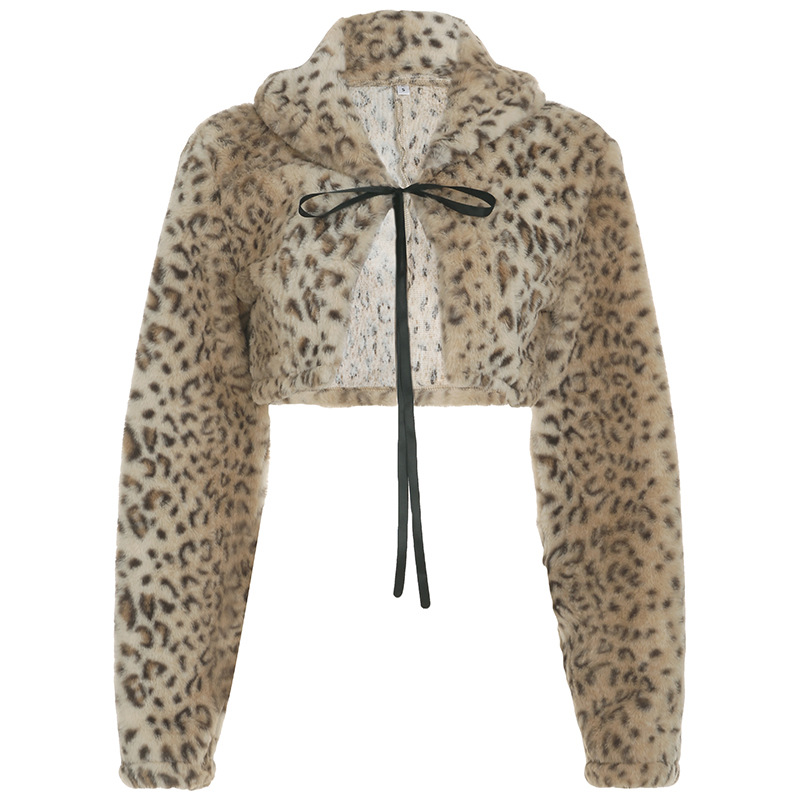 Women's Jackets Leopard print patchwork hooded zipper jacket cross-border women's clothing personalized street fashion warm plush top