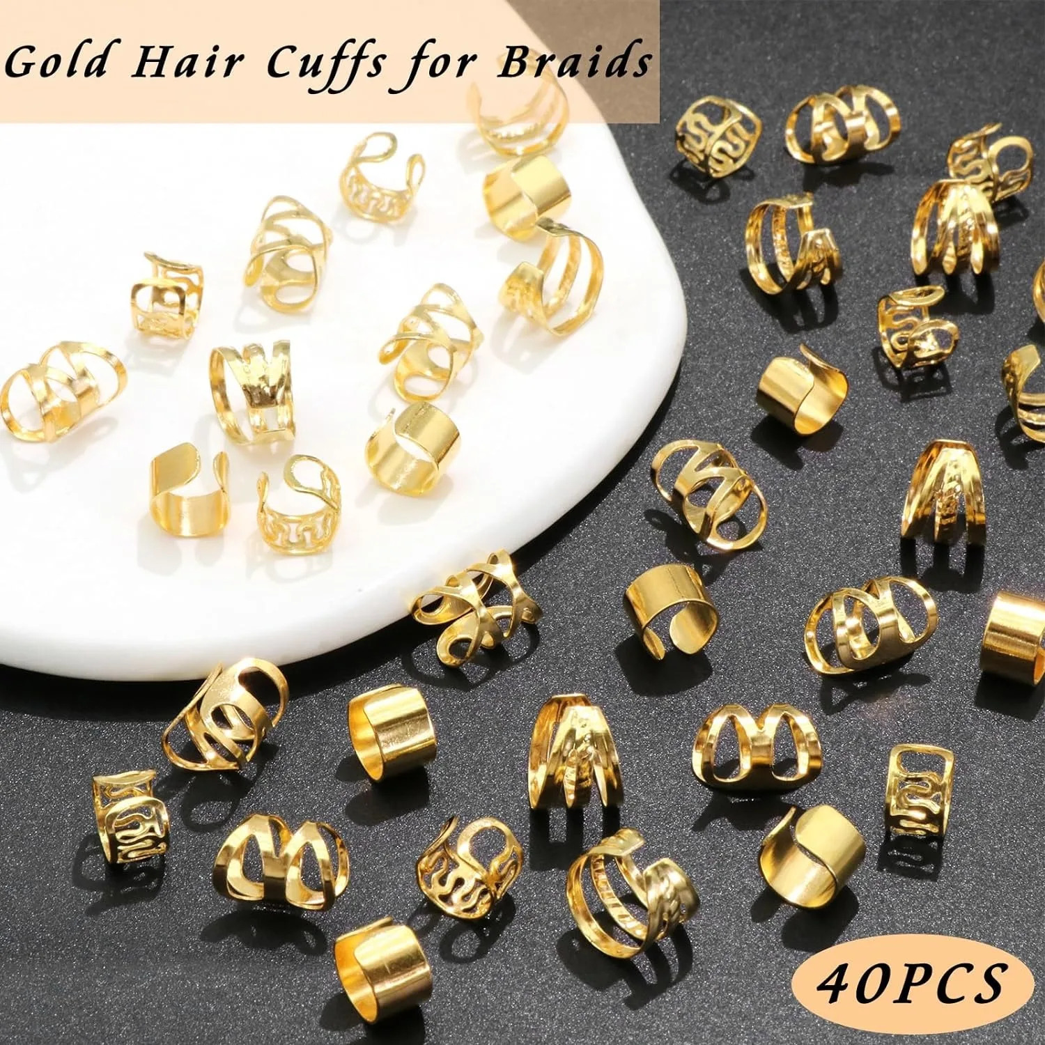 40PCS Hair Jewelry for Braids Gold Cuffs Multi Style Rings Adjustable Beads Braid Loc Dreadlock Accessories 241228