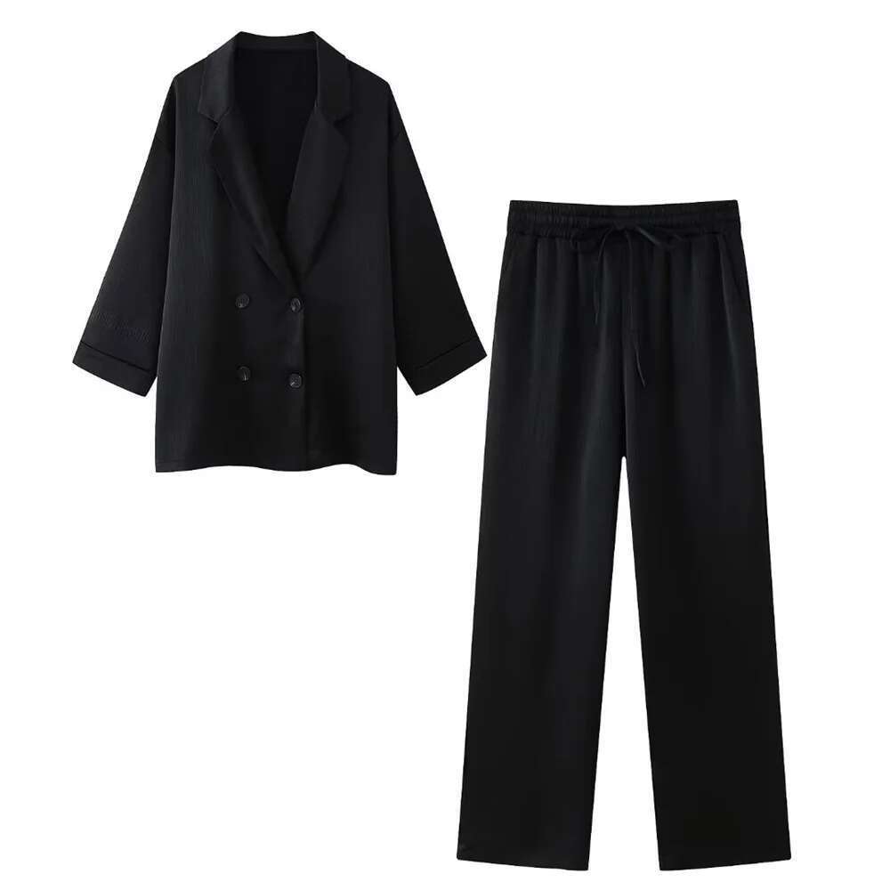 Women's Wear European American Style Spring And Summer New Women's Clothing Wrinkle Effect Double Breasted Suit Jacket Pants Set