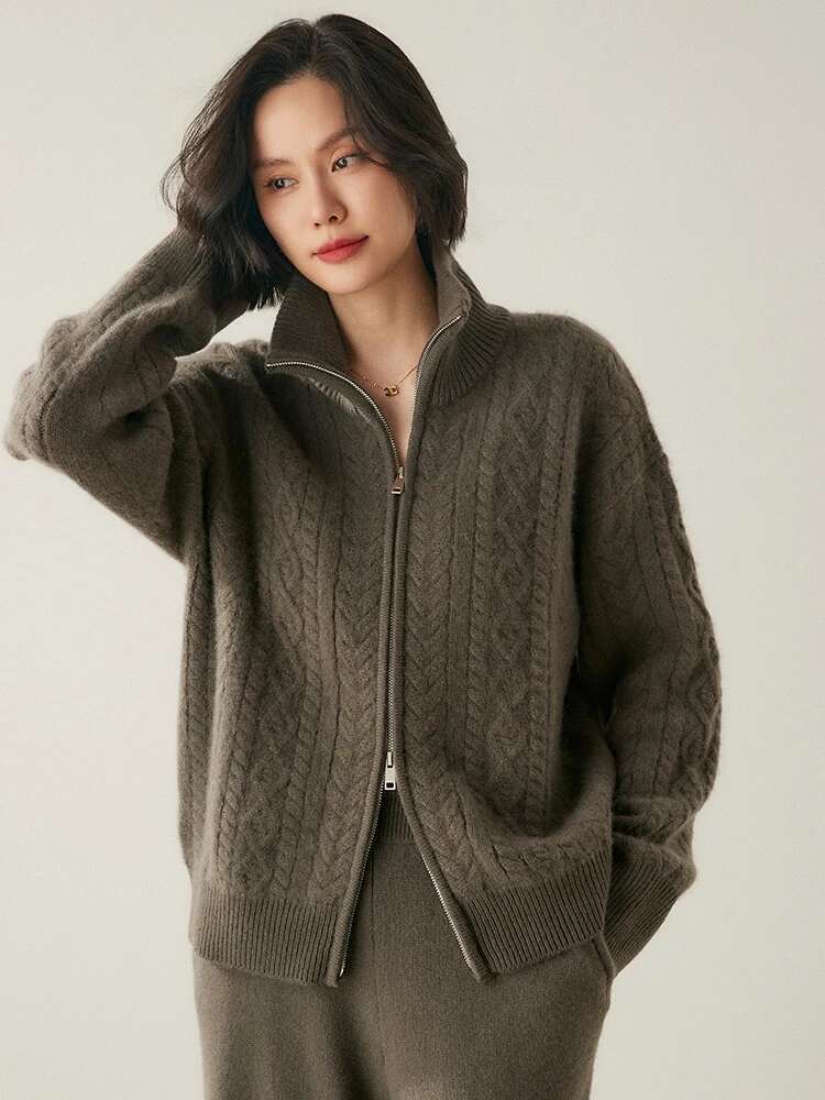 Heavyweight Women 100% Sweater Cable Knitting Cardigan Vintage Style Thick Cashmere Knitwear Autumn Winter Tops