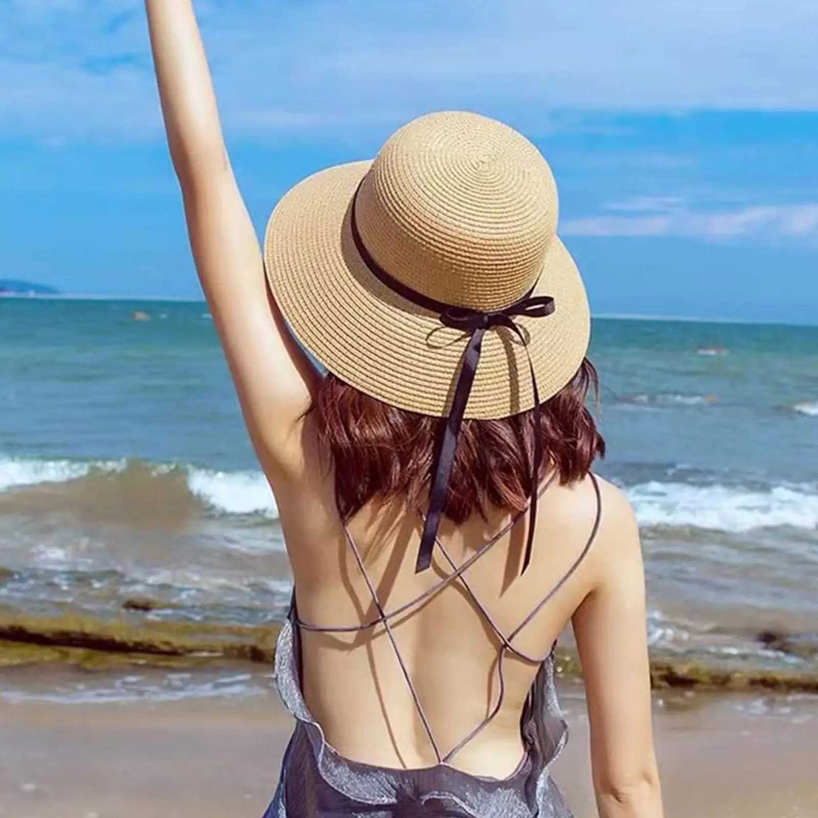 Summer straw hat wide brown foldable beach sun hat straw hat soft cushion sun hat UV protective hat womens outdoor travel straw hat X2501091