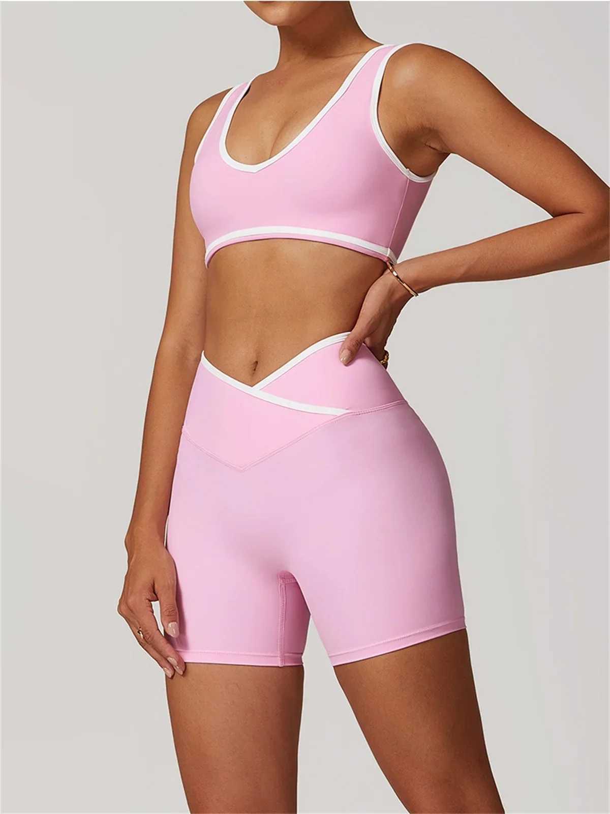 Scrunch Yoga Short Set Women Pink Contrast Padded Bra Crop Top Cross High Waist Sports Pants Fitness Gym Suit TracksuitXJ250109
