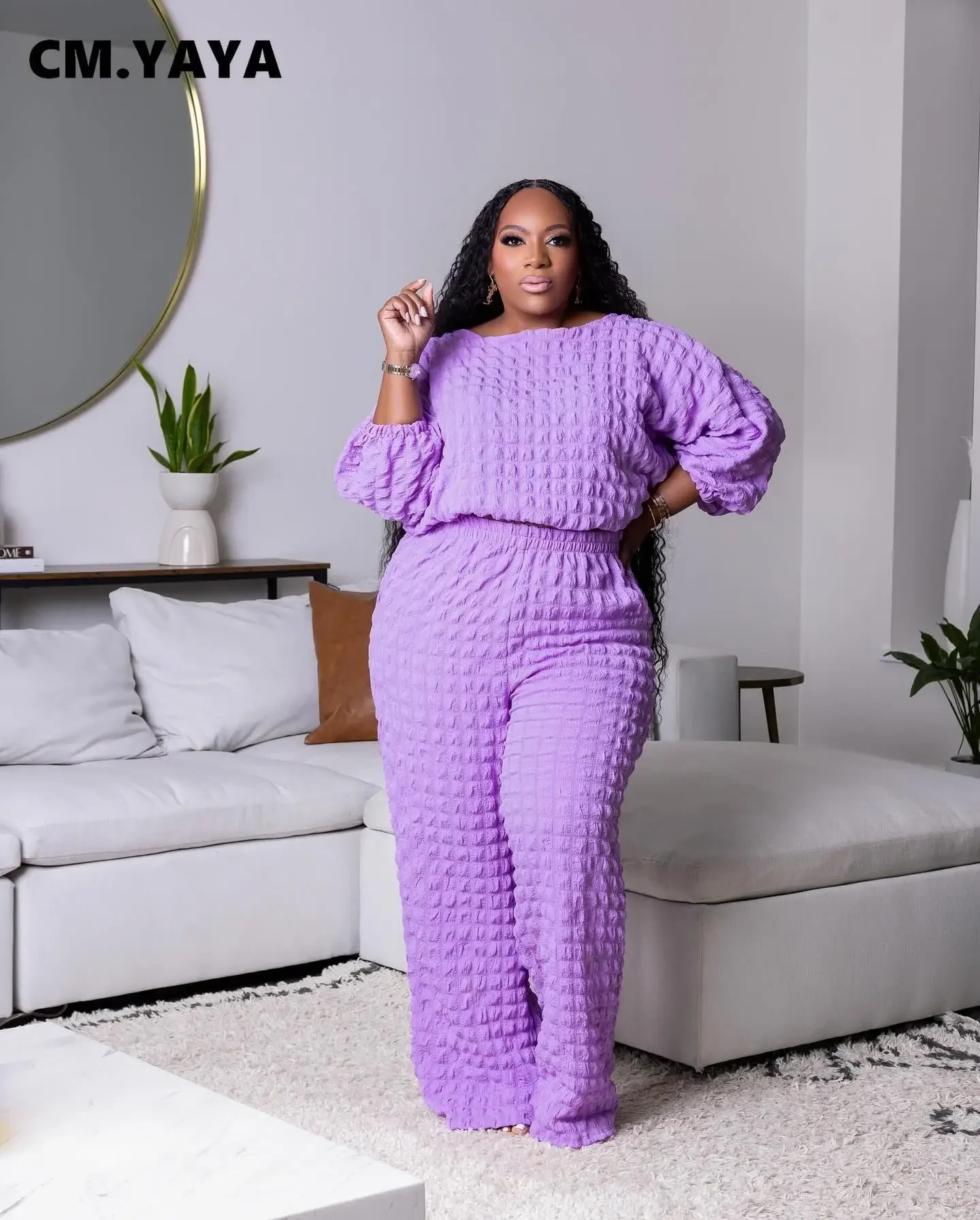 CMYAYA Plus Size Womens Set Fashion Full Sleeve Tshirt Top Wide Leg Pants Matching Two 2 Piece Outfit Tracksuit Fall 250106