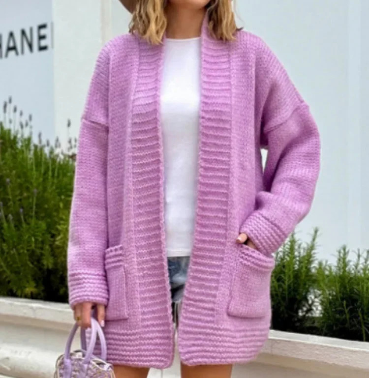 Europe and The United States Solid Color Knitted Cardigan Womens Autumn and Winter Loose Long-sleeved Knitted Sweater Coat 250106
