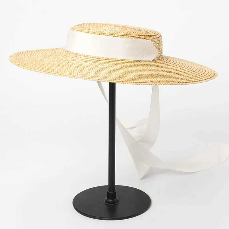Wide Brim Rowing Hat 10cm 15cm Brim Straw Hat Warm Summer Kentucky Derby Hat White Ribbon Tie Sun Hat X250109