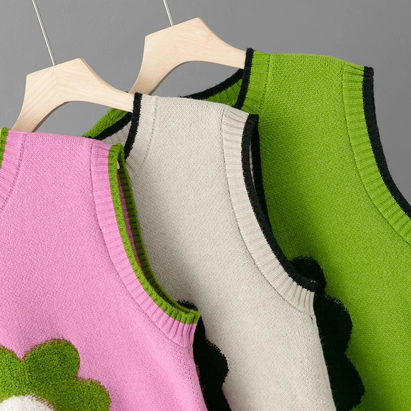Korean Flower Knitted Sweater Vest for Women Autumn Lazy Fashion Winter Vintage Soft Tops 250108