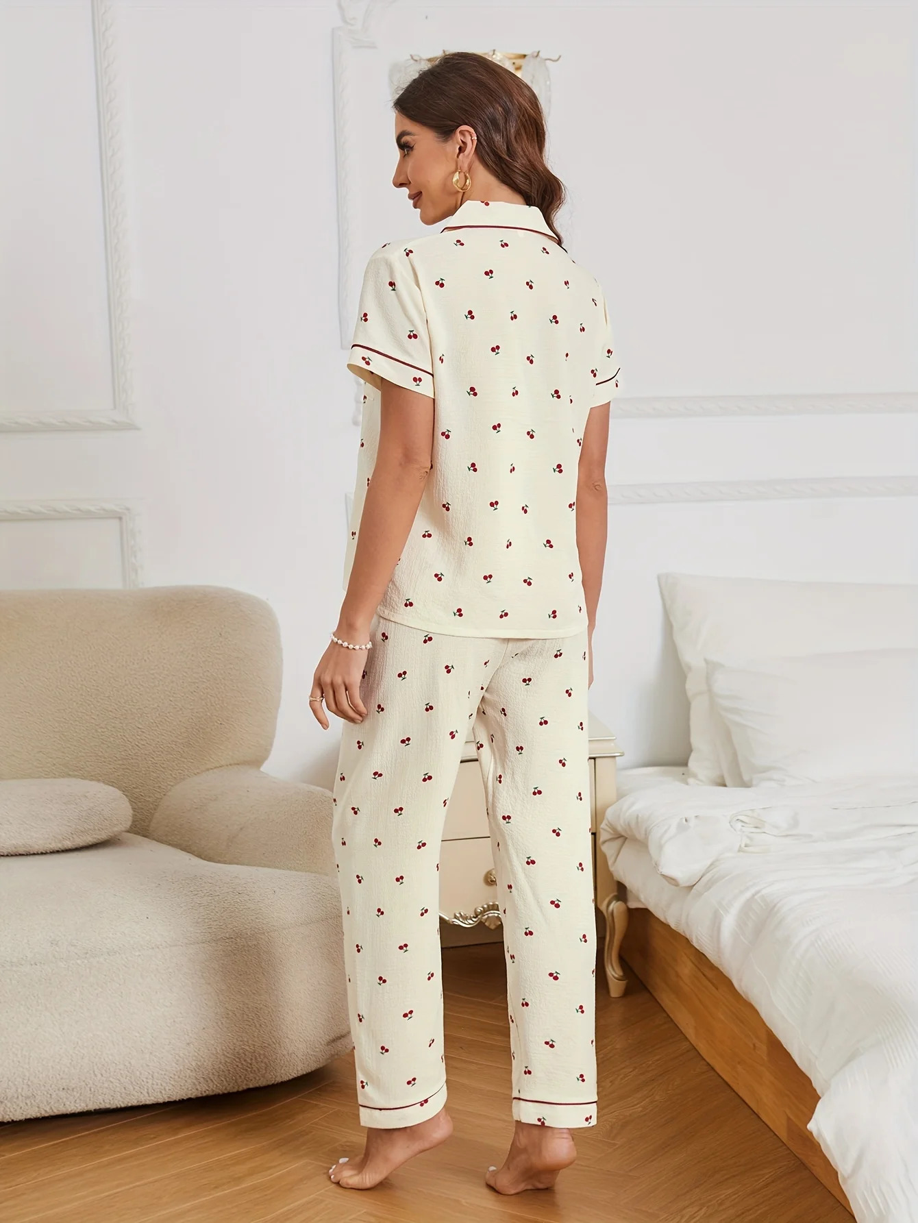 Cherry Print Textured Pajama Set Casual Short Sleeve Buttons Lapel Top Elastic Pants Womens Sleepwear 250106