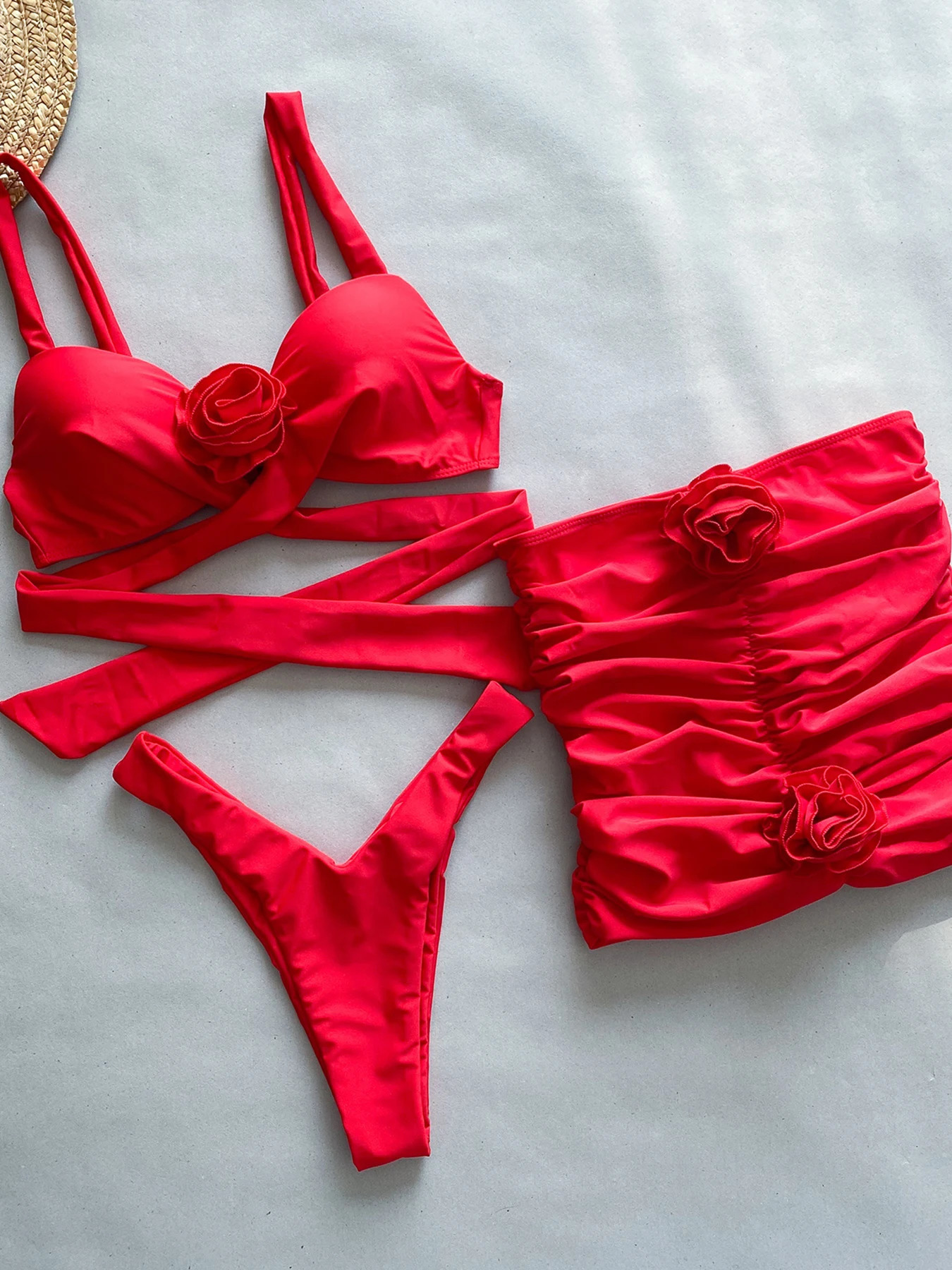 2024 Sexy 3D Flowers Three Pieces Bikini Sets Swimsuit For Women Push Up Swimwear Female Red Bathing Suits And Beach Skirt 250109