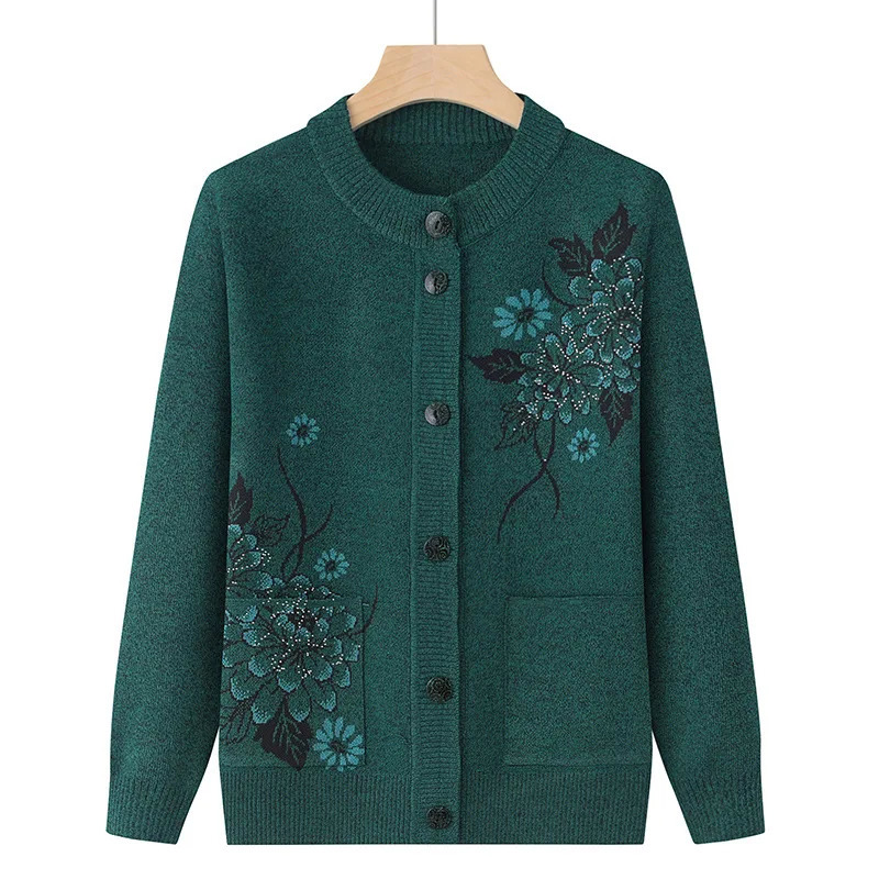 Korean Womens Clothes Knit Woolen Printed Cardigan Coat Middle Aged Mother Knitwear Tops Vintage Grandma Sweater Jacket 250108