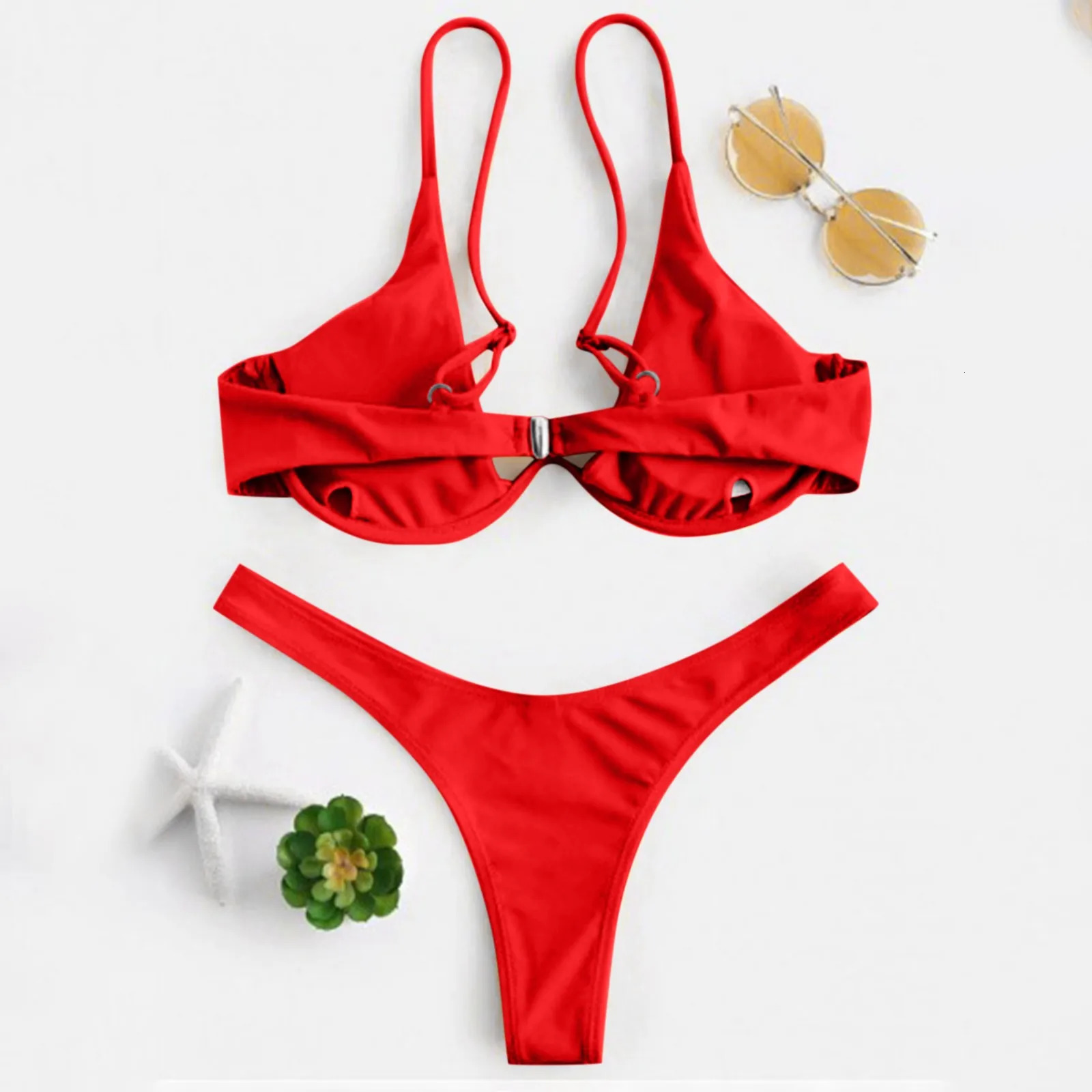 Sexy Underwire Bikini Mujer Women Solid Red Push Up Bra Thong Swimsuit Halter V Neck Bathing Suit Mini Micro Swimwear 250108