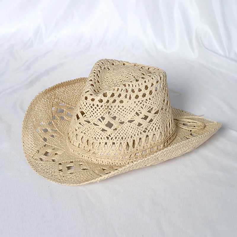 Cowboy hat fashion hollow handmade cowboy straw hat mens summer outdoor travel beach hat unisex solid color western cowboy hat X250329