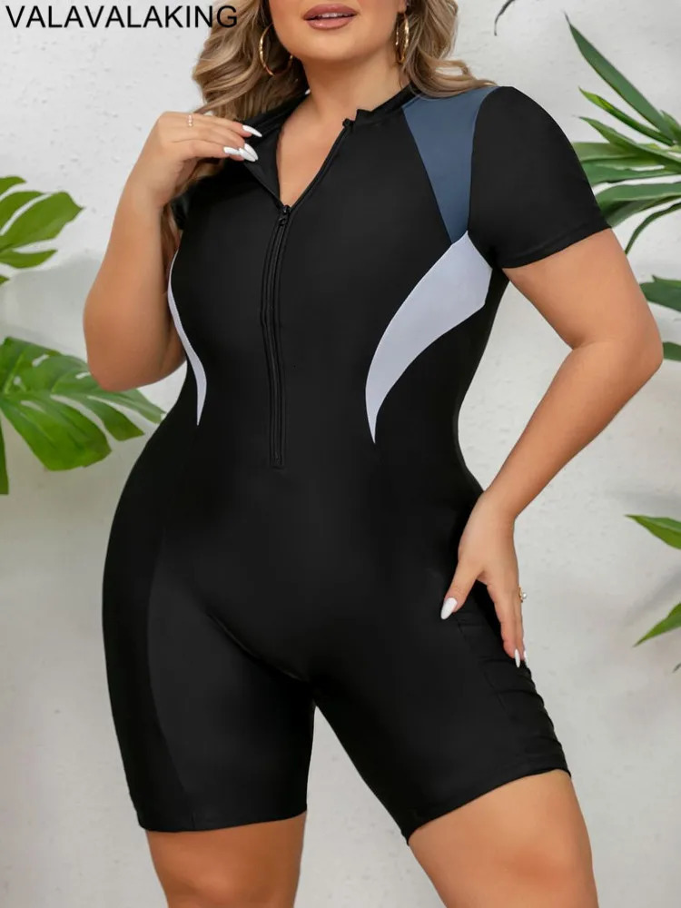 Solid Plus Size Swimwear Women Short Sleeve Large One Piece Swimsuit Lady Patchwork Big Curvy Chubby Bathing Suit 250108