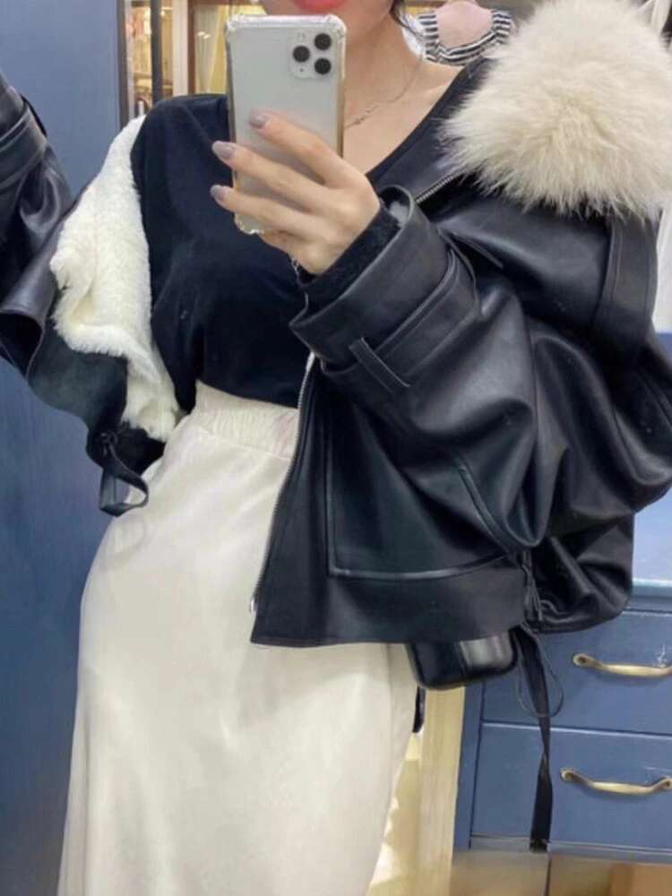 New Veet Thickened Leather Jacket Clothing Short Detachable Rabbit Fur Collar Warm Black Coats Women Tops Autumn/Winter
