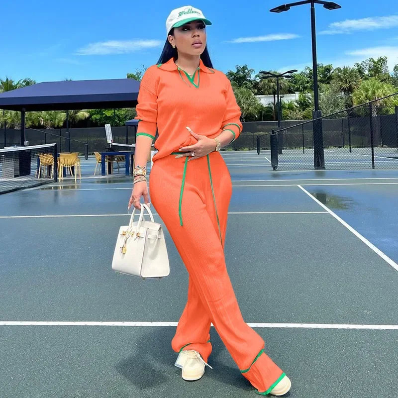 Active Wear Knitted Casual Tracksuit for Women Two Piece Set Sporty Fitness Striped Sweater Top and Wide Leg Pants Jogging Femme 250106