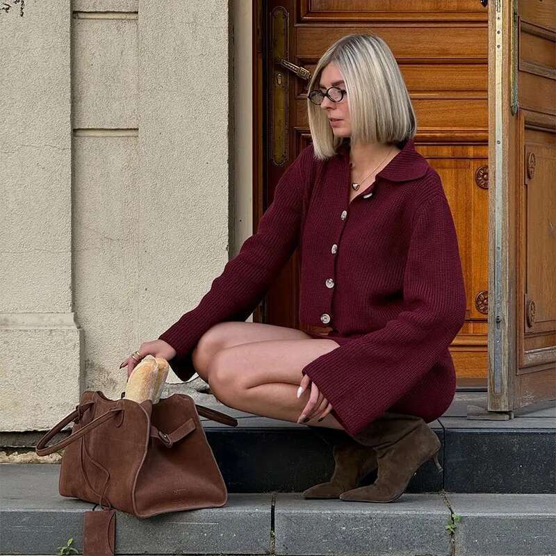 Women's Wear 2 Pieces Lapel Long Sleeve Single Breasted Cardigan Short Skirt Suit Elegant Solid Knitted Sets For Women Lady Slim Fall Suits