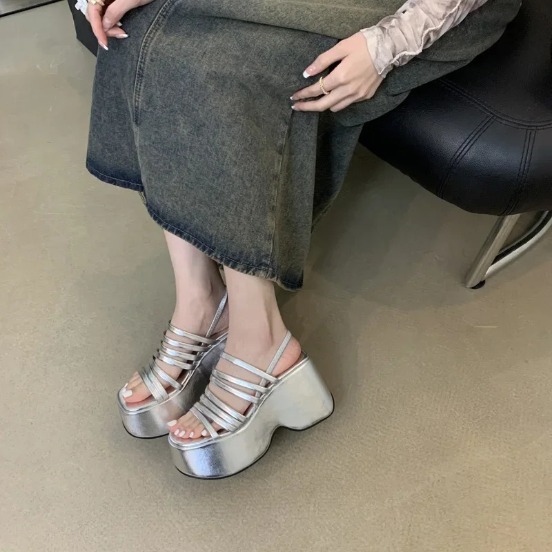 Silver Wedge Sandals Women Platform Shoes Black Belt High Heels Gladiator Chunky Heeled Summer Wedges Zapatos De Mujer 250109