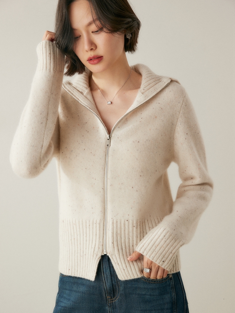 Autumn Winter Women Zipper Sweater Turn Down Collar Cardigan100% Cashmere Knit COS Style Colorful Dot Yarn Popular Top