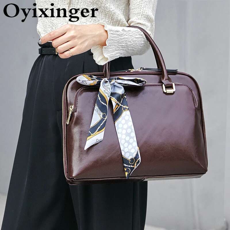 OYIER New Women Briefcase Genuine Leather Business Shoulder Bag Ladies Office Laptop Bags For 13" 14" Book Hp