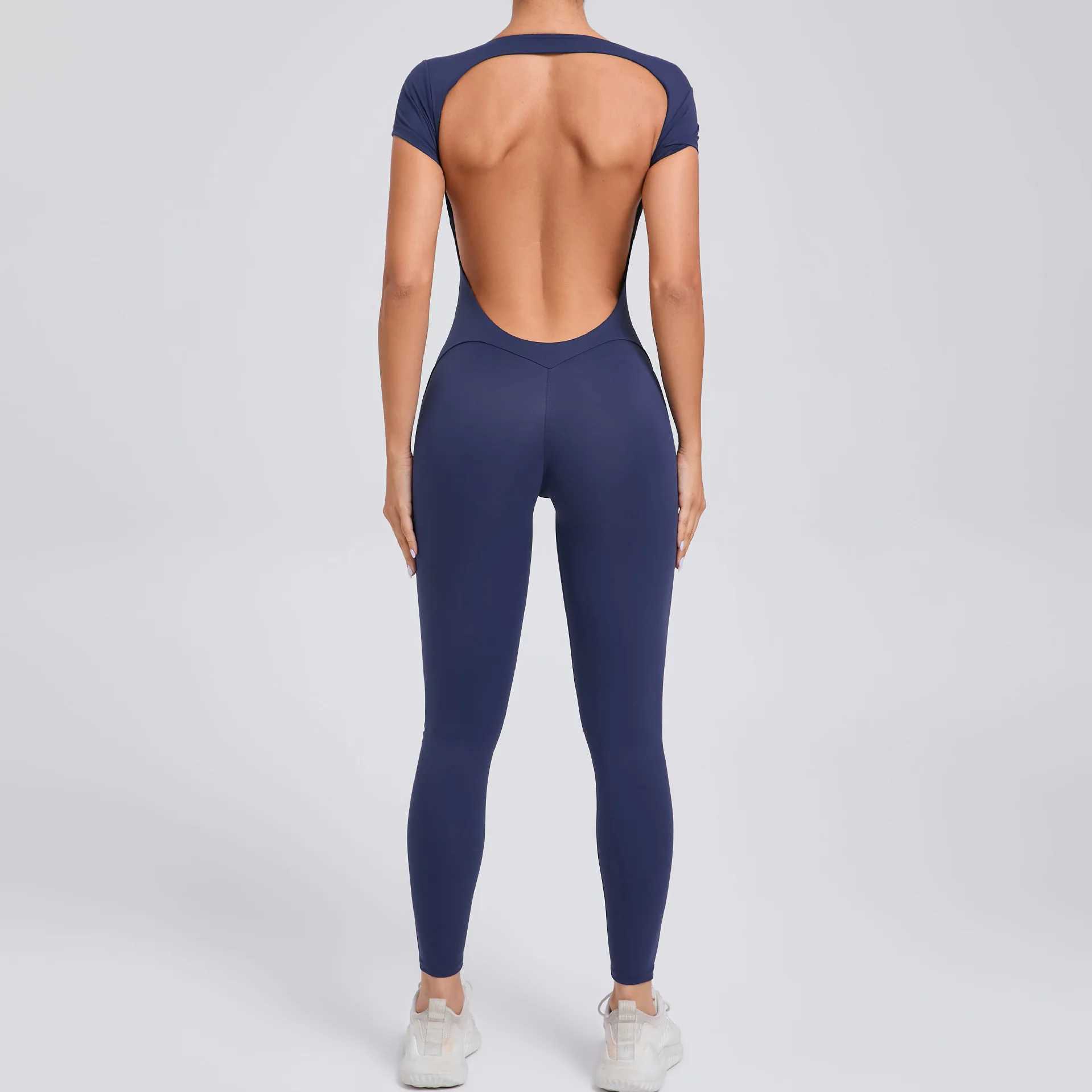 Womens one-piece yoga jumpsuit with short sleeves and open cut slim fit sportswear tight fitting and quick drying buttocks lifting gym fitness clothin
