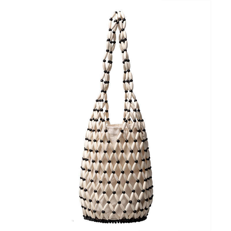Hollow Out Handmade Woven Female Niche Design, Wooden Bead Bucket Bag, Summer Versatile Commuting Single Shoulder Women's Bags