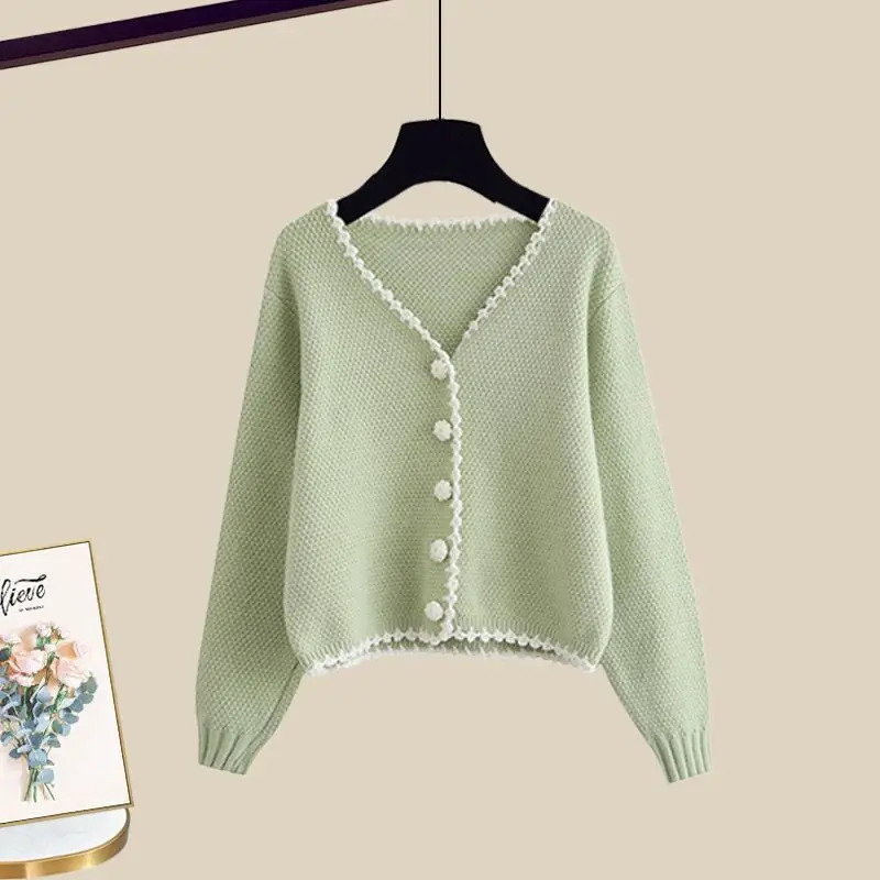Spring Autumn Womens Clothing Suit Fashion Elegant Green Cardigan Sweater High Waist Half Skirt Two Piece Set Knitwear 250106