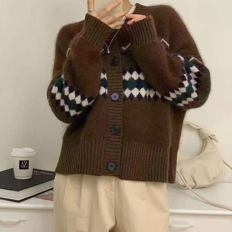 Autumn Winter Office Lady's All-Match Knitted Fair Isle Sweater O-Neck Long Sleeve Top Retro Elegant Women's Clothing Cardigan
