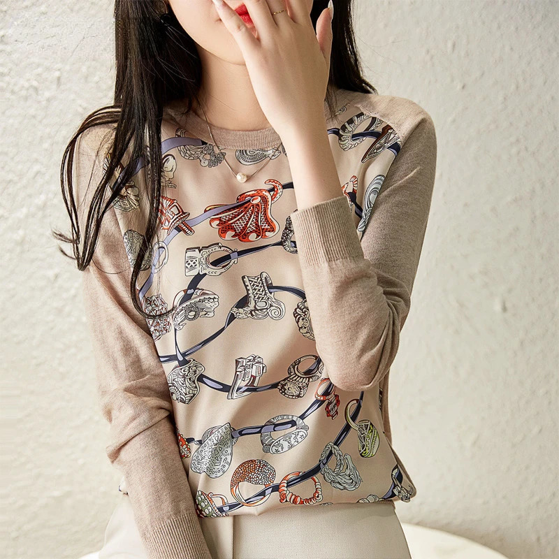 Spring Autumn Fashion Printing Round Neck Long Sleeve Knitting Pullovers Women Elegant Korean Style Allmatch Tops 250108