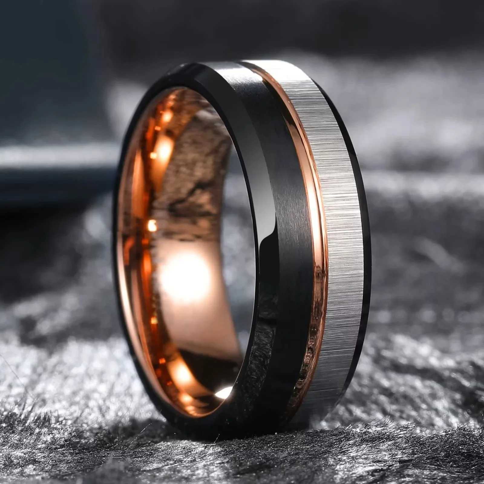 Fashionable 8mm mens black brushed stainless steel ring rose gold colored wire groove edge mens ring wedding jewelry wholesale W250109