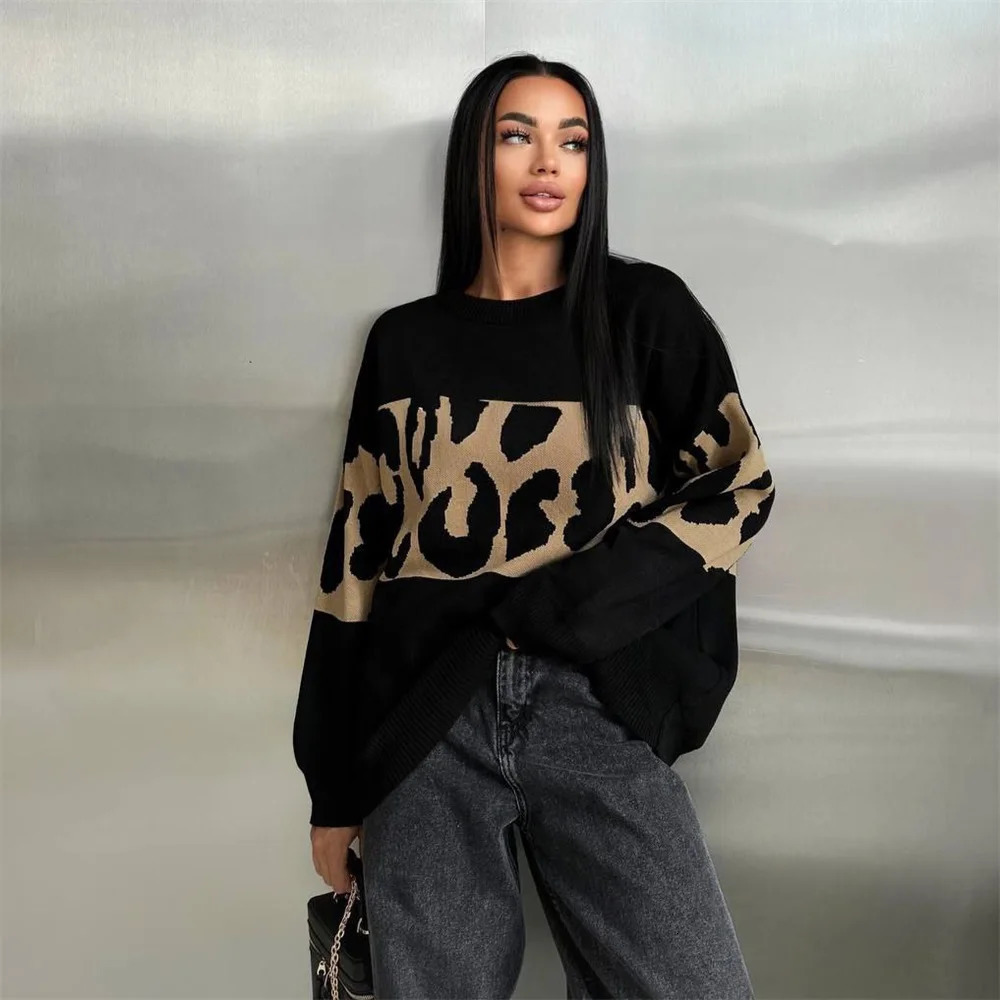 Autumn Winter Vintage Leopard Print Womens Sweater Loose Causal Oversized Knitwear Women Fashion Oneck Female Clothing 250108