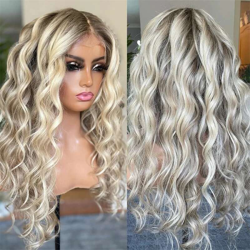Curly Frontal Ash Blonde Highlights Women"s Wigs Natural Soft Lace Wig Glueless Synthetic High Heat Fibre Good Quality