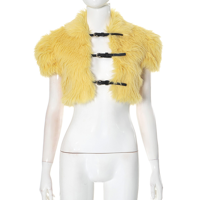 Women's Jackets Faux Fur Women Jackets Crop Top Turn Down Collar Short Sleeves Belt Buckles Cardigans Coat Fashion Warm Vest Outerwear
