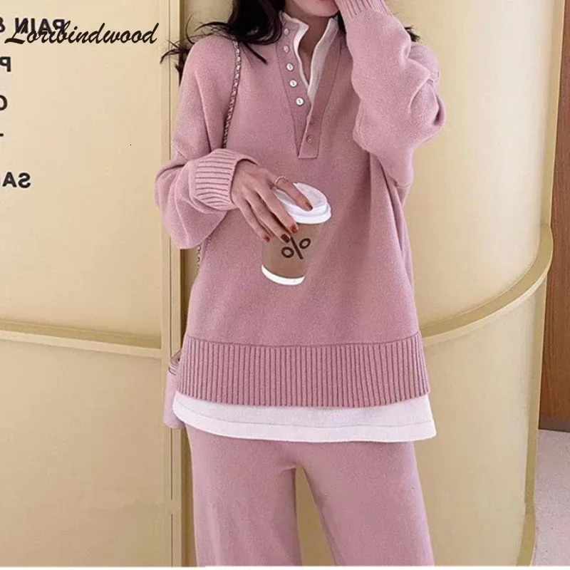 Vintage Chic Style Knitted Sportswear TwoPiece Suit Autumn And Winter Fashion Loose Sweater WideLeg Pants Sets 250106