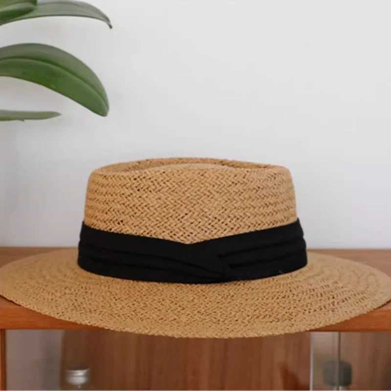Dolphin French style warm summer sunny beach flat straw hat Khkai vacation Panama straw hat woven small top hat white ribbon X250109