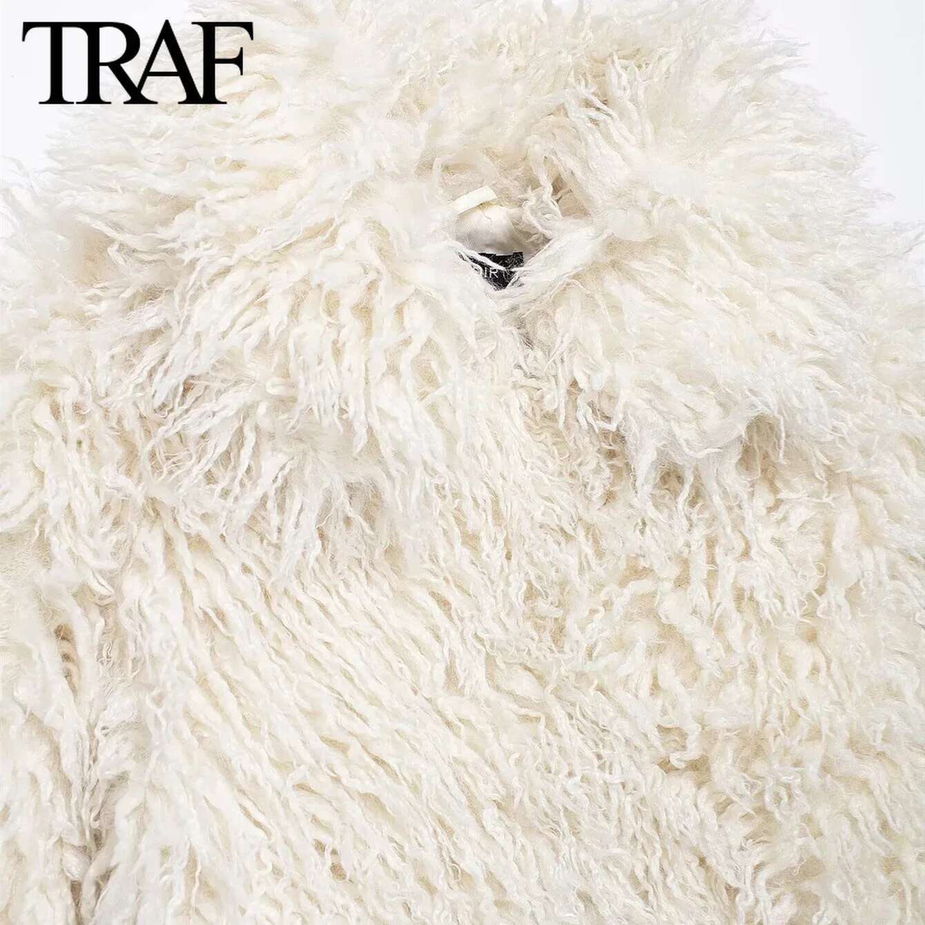 TRAF Faux Jacket For Women Fashion 2024 Winter New Long Sleeve Artificial Fur Effect Short Coat Chic Ladies Tops Mujer