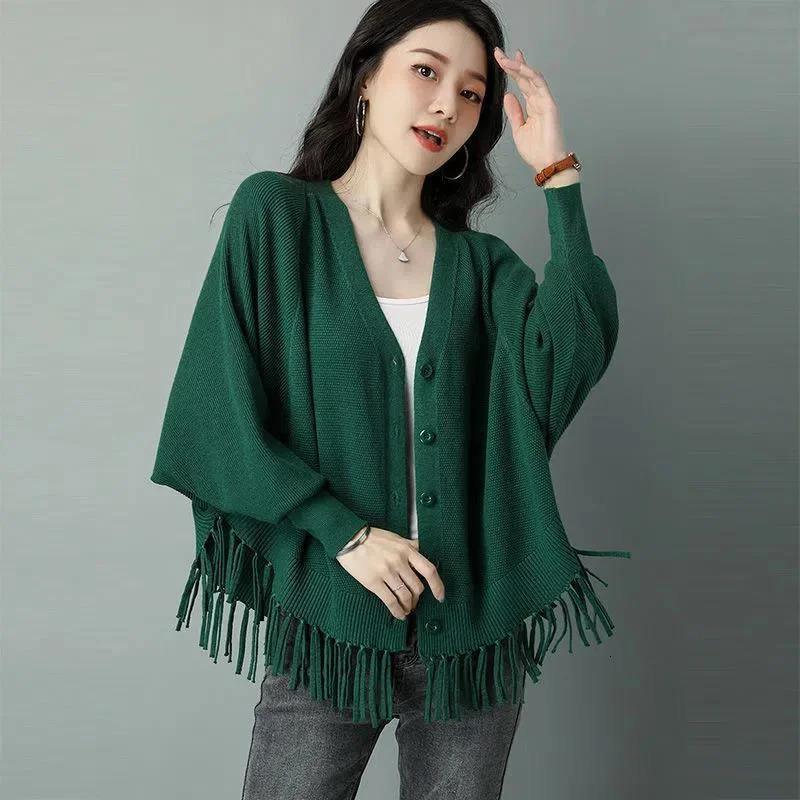 Fringed Bat Shirt Knit Cardigan Women Fashion Loose Coat Spring Autumn Short Jacket Foreign Sweater Outerwear Female Top 250108
