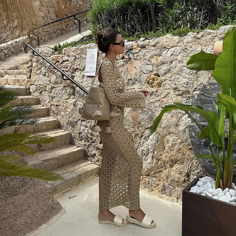 European and American Beach Dress Women Knitted Hollow Solid Color Sexy Open Back Lace Long Sleeved Bikini Cover Ups 250106