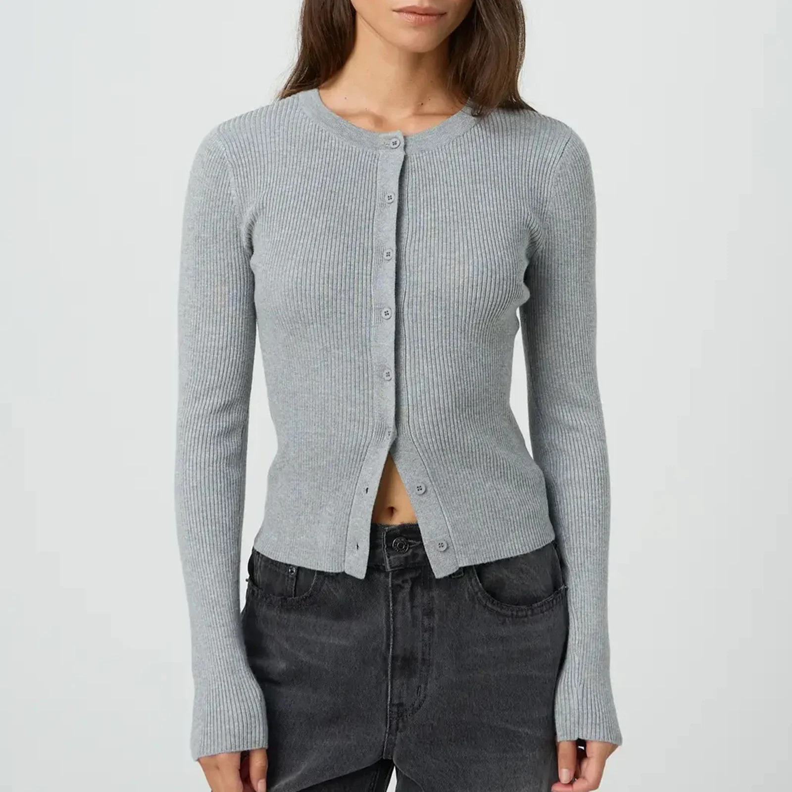 Women Autumn Winter Cardigan Long Sleeve Round Neck Button Up Ribbed Knitwear Slim Sweater 250108