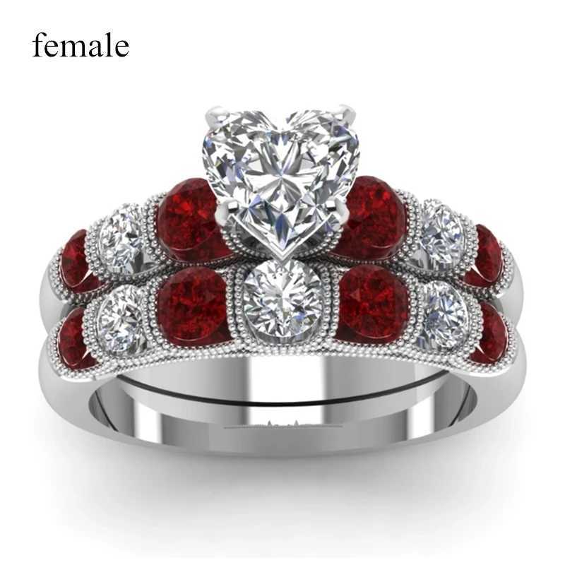 2021 Couple Ring Womens Platinum Heart shaped Garnet Ring Mens Stainless Steel Wedding Engagement Band Valentines Day Gift Jewelry W250109