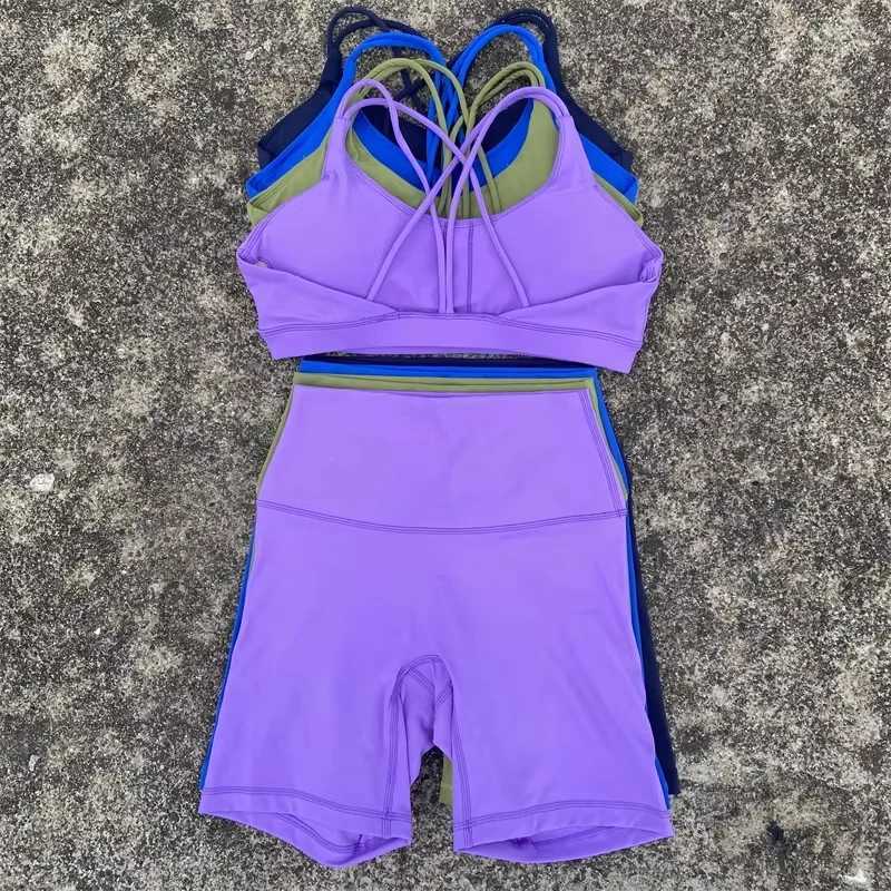 Solid color Women cross shoulder straps fitness Bra Top +Cycling Short 2 pc Gym Yoga short Leggings Set Soft Athletic sportwearXJ250109