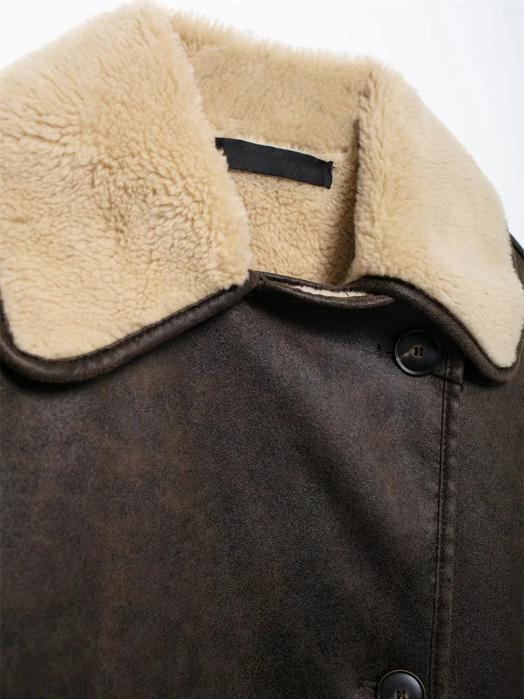 ZBZA Women Retro Faux Leather Jacket Solid Lapel Long Sleeve Single Breasted Pockets Padded Warm Outwear Fall Winter Chic Coat 250103