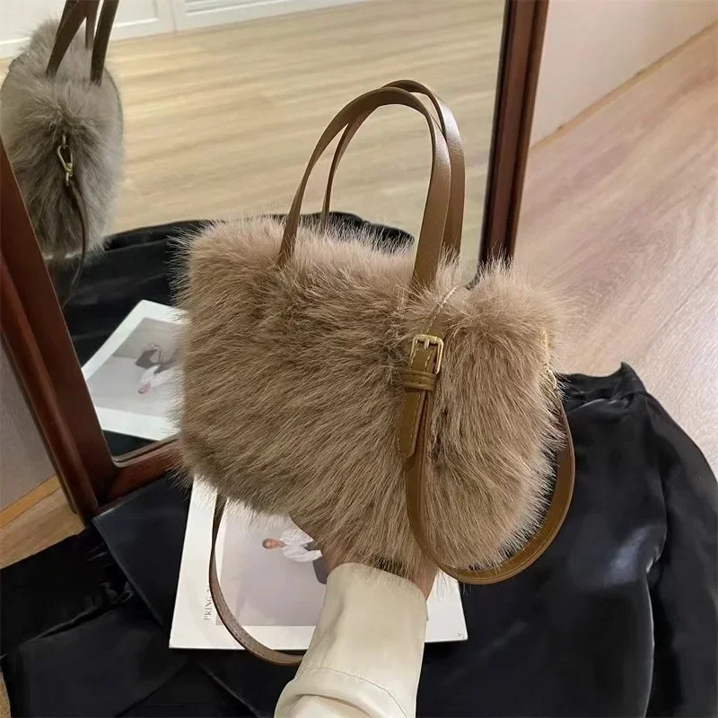 Faux Fur Tote Bag Womens Bucket Plush n Ladies Handbags Soft Winter Crossbody Shoulder Bags Bolsa Feminina 250106